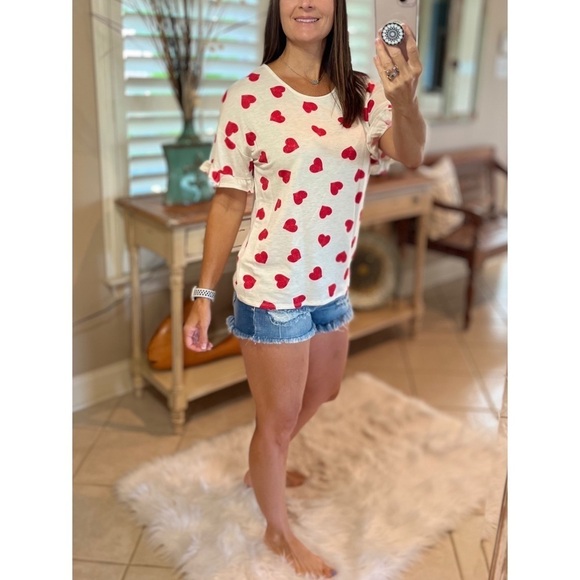 Heart Valentine Round Neck Short Ruffle Flutter Sleeve Top Red White 2522 - Picture 8 of 11